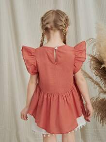 SHEIN 年轻女孩乡村风格不对称下摆亚麻舒适短袖 T 恤，圆领和荷叶边袖，非常适合夏季野餐和郊游