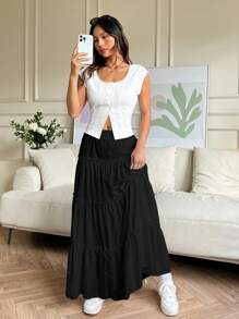 SHEIN EZwear 女式夏季休閒純色長裙 - 黑色 - 查看 4