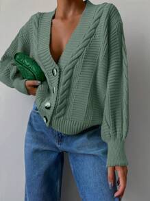 EURMUSE Solid Drop Shoulder Cable Knit Cardigan - Army Green - View 4