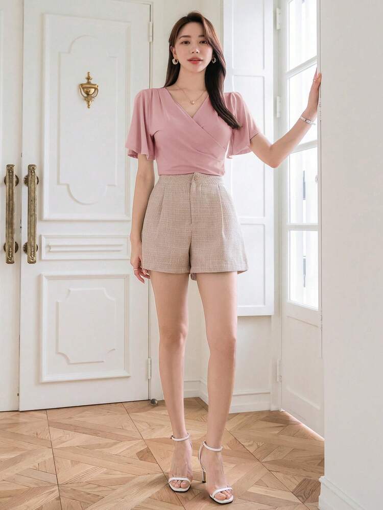 V-Neck Wrap Front Ruffle Trim Short Sleeve Solid Color T-Shirt, Valentine's Day Summer