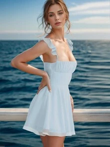 女士單色百褶極簡清新假日風格背心連身裙