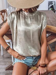 SHEIN Clasi قميص معدني بأكمام قصيرة مجمع مع قماش مجمع للنساء للعطلات مع رباط خلفي - الذهبي - مشاهدة 4