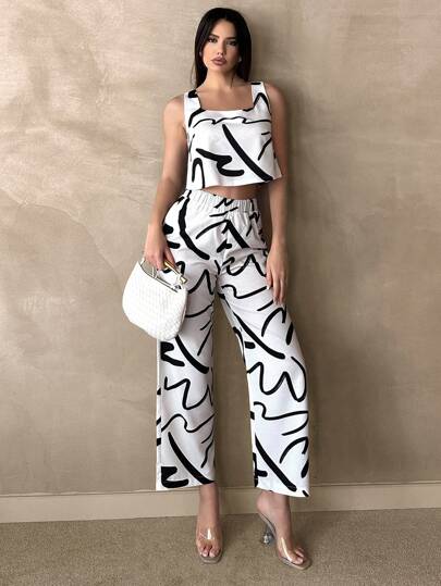 SHEIN Essnce Women's Simple White Bottom Black Line Printed Vest And Trousers Two-Piece Set  4th Of July Women  Two Piece Set Shorts  Two Piece Outfits  Workout Women Sets  Summer Outfits  Graphic Outfits  Wide Leg Pants