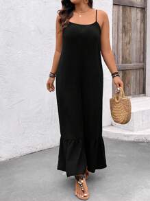 SHEIN Clasi Plus Size Women's Solid Color Spaghetti Strap Jumpsuit - Black - View 3