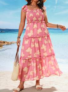SHEIN Clasi Plus Size Butterfly Printed Layered Vacation Style Square Neckline Sleeveless Dress For Summer - Pink - View 1