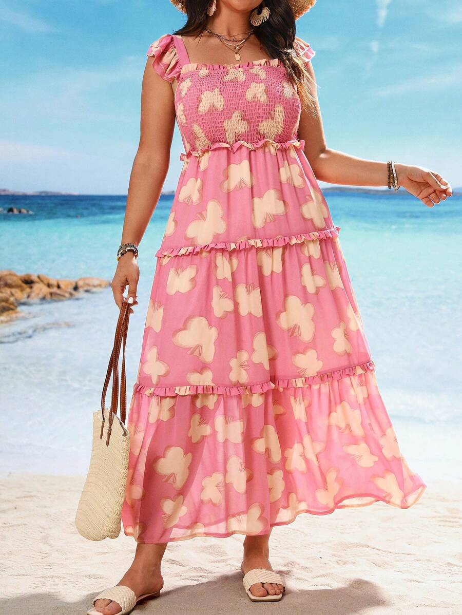 SHEIN Clasi Plus Size Butterfly Printed Layered Vacation Style Square Neckline Sleeveless Dress For Summer - Pink - View 1