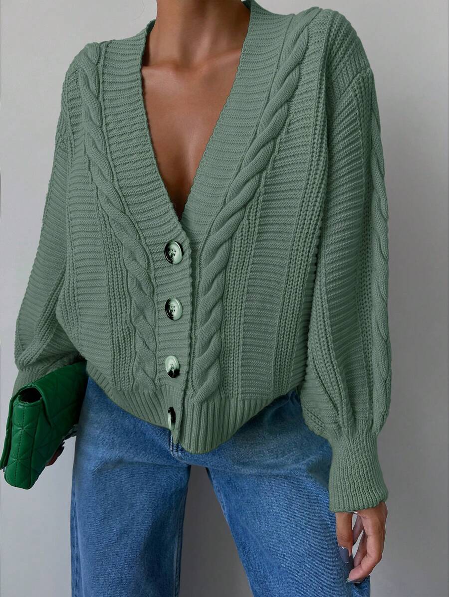 EURMUSE Solid Drop Shoulder Cable Knit Cardigan - Army Green - View 1
