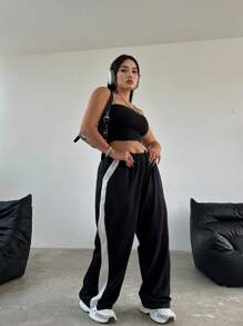 Flirla Plus Size Women's Fashionable Simple Loose Black & White Color Block Casual Pants Fall Cloth For Women