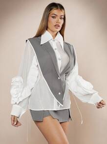 Hauture Layered Lapel Ruffle Sleeve Blouse - Multicolor - View 2