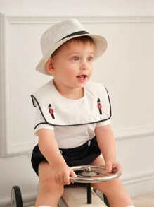 Souflis Souflis Baby Boys' 2pcs/Set Elegant French Retro Navy Collar Embroidery Printed Top & Shorts, Spring/Summer