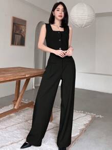 DAZY مجموعة سترة ذات رقبة مربعة وبنطال ذو خصر عالي وساق واسعة للنساء للعمل، ملابس رسمية