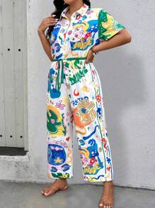 SHEIN Clasi Women Plus Size Colorful Printed Short Sleeve Jumpsuit - Multicolor - View 5