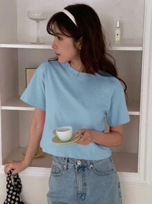 DAZY 女士夏季純色圓領短袖休閒T恤 - 藍色 - 查看 2