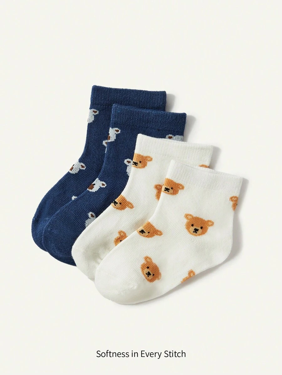Cozy Pixies 2pairs/Set Blue And White Cute Bear Design Baby Socks Suitable For All Seasons Outdoors - Multicolor - View 1