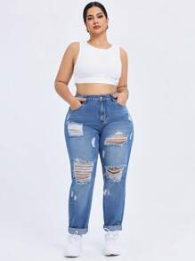 SHEIN SXY Plus Size Women's Ripped Jeans With Pockets And Rolled Hem, Casual - Medium Wash - View 5