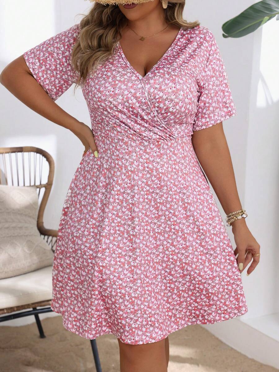 SHEIN VCAY Plus Size Váy ngắn tay in họa tiết đơn giản dành cho nữ - Nhiều màu - Xem 1