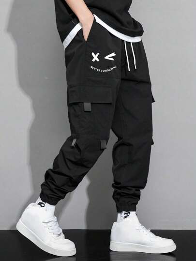 Mirajuku Tonårspojke Dragsko i midjan tecknat uttryckstryck Vävda träningsbyxor med fickor, gata avslappnad stil