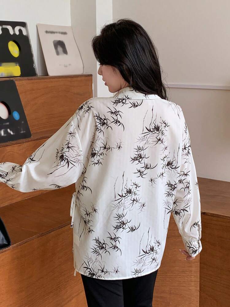 Floral Printed Loose Fit Drawstring Collar Women's Shirt With Long Sleeves,Ruffle