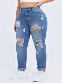 SHEIN SXY Plus Size Women's Ripped Jeans With Pockets And Rolled Hem, Casual - Medium Wash - View 1