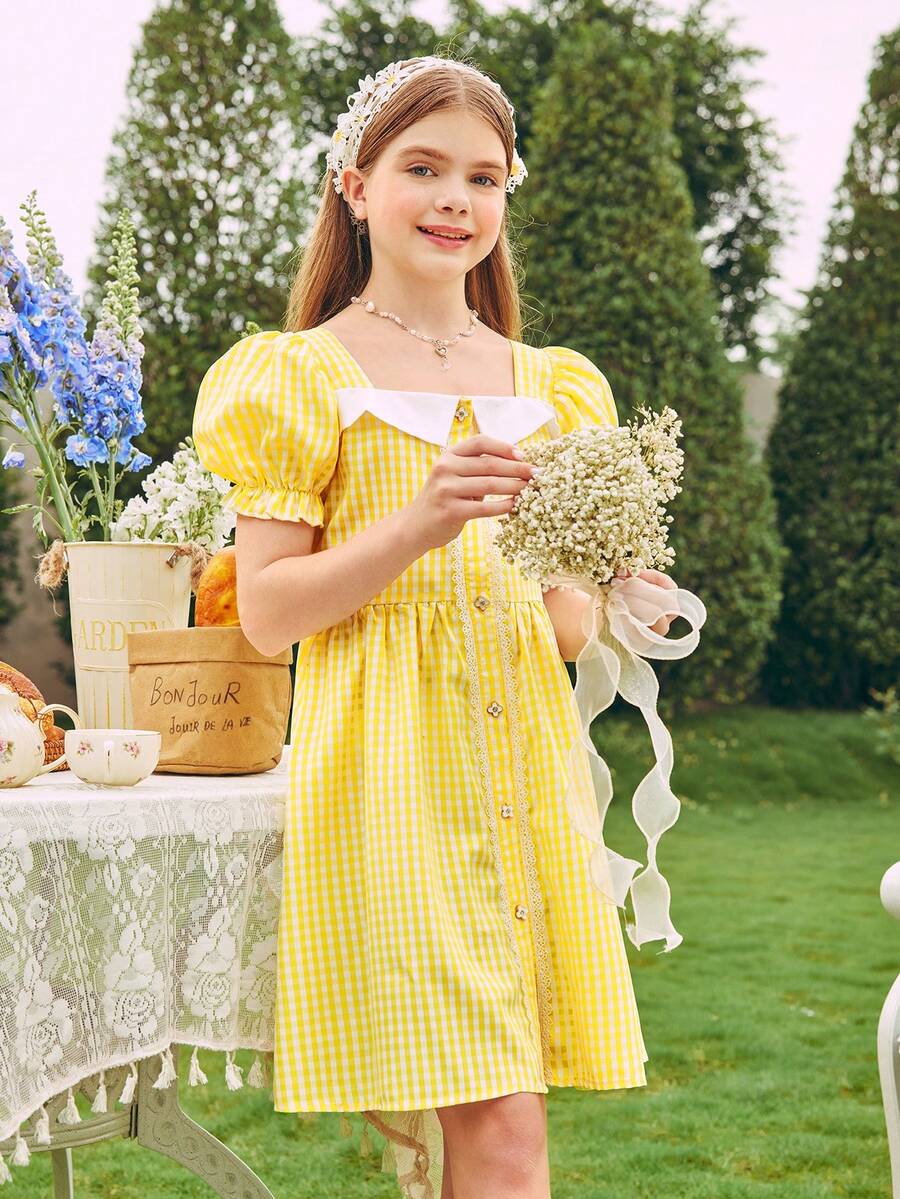 Váy kẻ sọc Tween Girl 1pc, mùa hè - Màu vàng - Xem 1