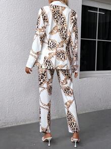 EMERY ROSE Women's Leopard Chain Print Suit Set, Casual Blazer And Pants