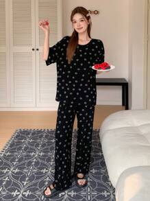 DAZY Allover Print Cute Pajama Set With  Face Prints - Khaki - View 7