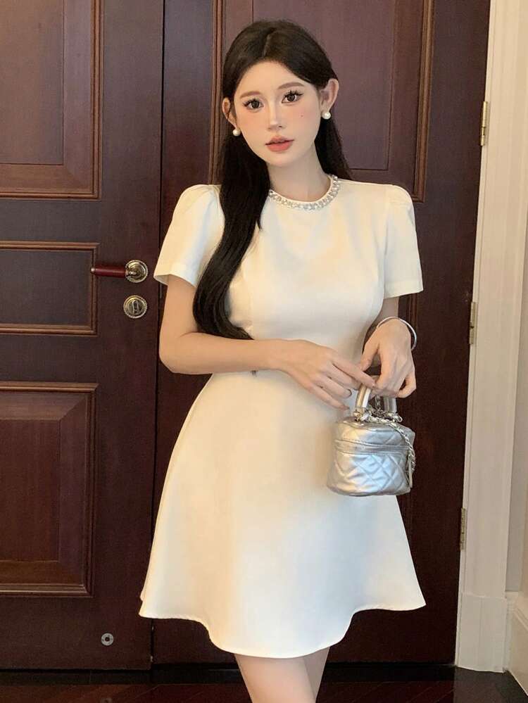 Women's Fashionable Solid Color Round Neck Elegant A-Line Dress Prom Dress