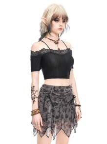 ROMWE Fairycore Lace Trim Ruffle Off The Shoulder Fitted Women's T-Shirt