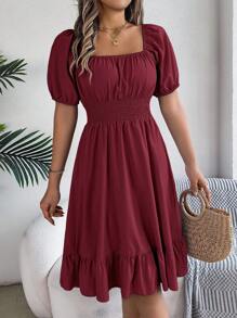 Puff Sleeve Ditsy Floral Drawstring Short Sleeve Dress For Casual & Vacation, Spring/Summer - 酒紅色 - 查看 5