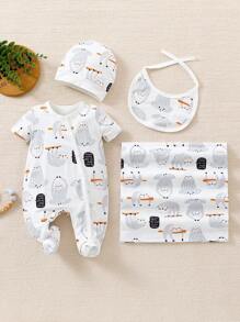 SHEIN 寶寶男童可愛樹懶印花短袖連帽圍兜連身衣套裝，附贈禮盒包裝 - 彩色 - 查看 1