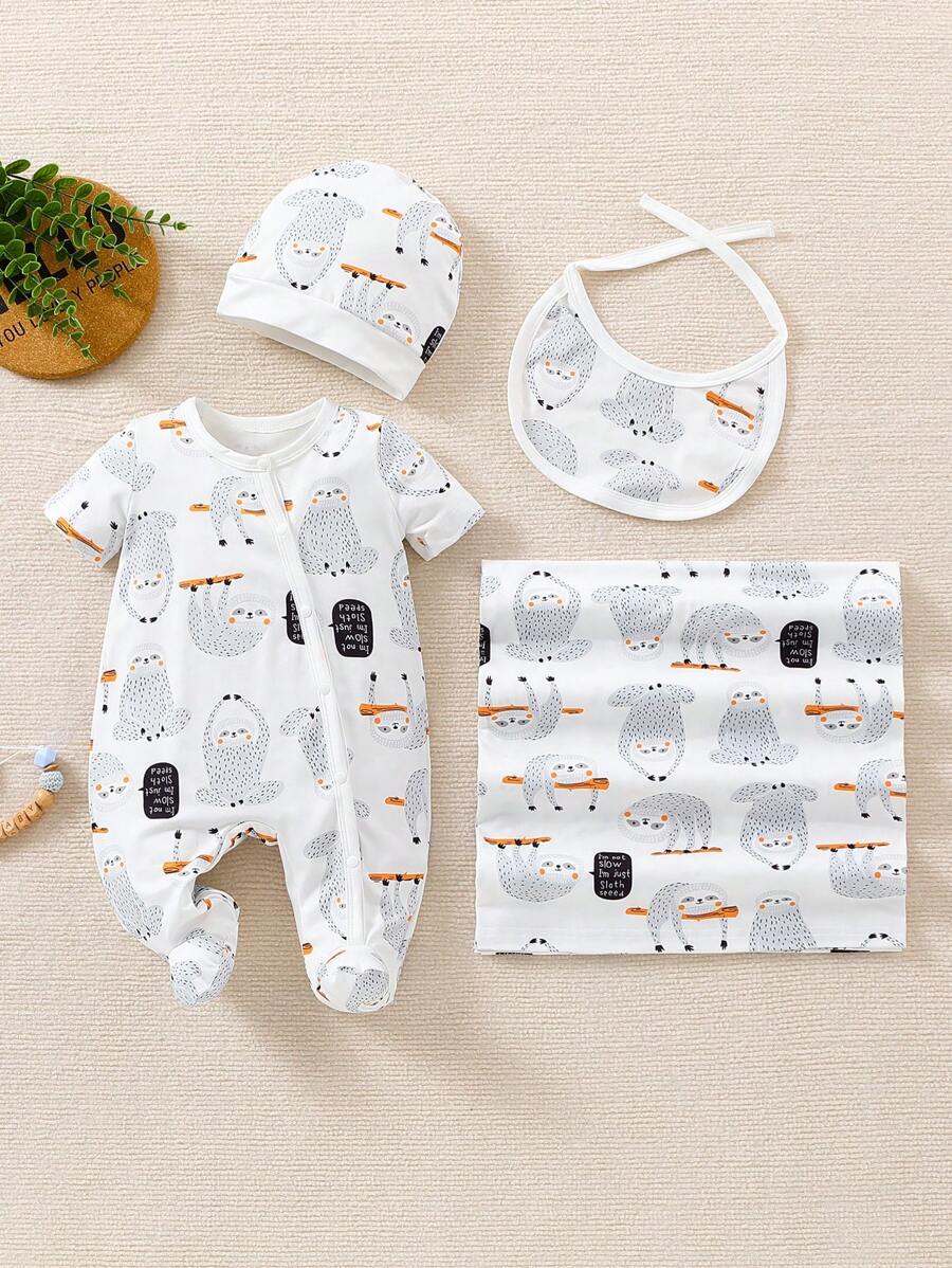 SHEIN 寶寶男童可愛樹懶印花短袖連帽圍兜連身衣套裝，附贈禮盒包裝 - 彩色 - 查看 1