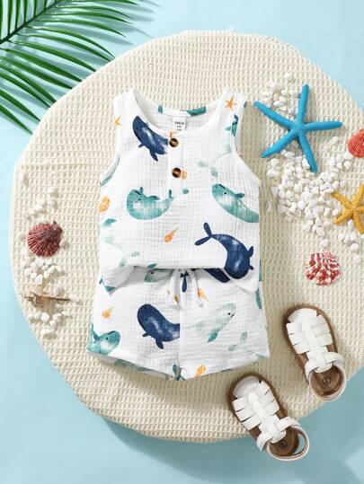 SHEIN 2pcs Baby Boys' Lovely Whale Printed Casual Short Sleeve Outfit
