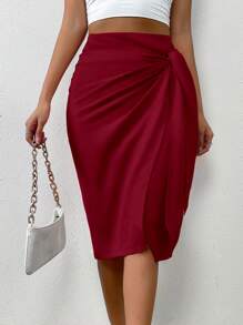 Chiquease Falda para mujer de longitud a la rodilla, ajustada y con detalles de lazo y envoltura en un solo color - Burdeos - Ver 4