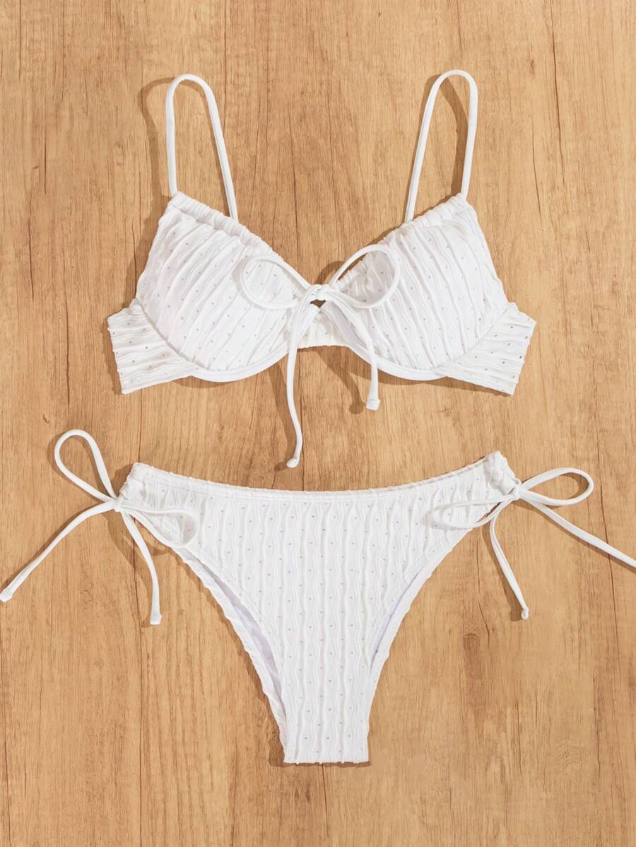 Swim Basics Bộ bikini màu trơn buộc phía trước cho nữ đi nghỉ mát, có gọng, không bị đẩy lên - trắng - Xem 1