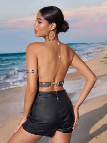 Zolique 女款鑲鑽修飾、中空設計、流蘇下擺、鏈帶頸掛背心上衣，適合夜總會 - 黑色 - 查看 2