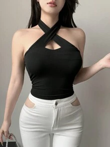 Dazy Designer 女士纯色裹身式露背修身背心夏季外出上衣 - 黑色 - 查看 5