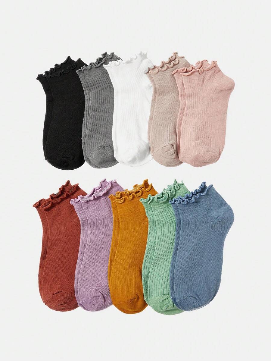 10pairs Solid Lettuce Trim Ankle Socks - Multicolor - View 1