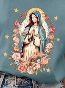INAWLY Women's Summer Flower & Virgin Mary Printed Round Neck Short Sleeve Casual T-Shirt Graphic Tees Women Tops