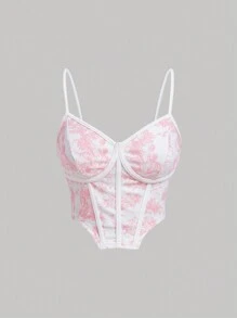 SHEIN MOD 女士复古宫廷蓝白花卉印花鱼骨条短款上衣和裙子婚礼两件套 - 粉色 - 查看 7