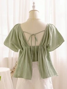 Soleia 女士夏季休闲纯色纹理褶皱短袖衬衫、短袖上衣