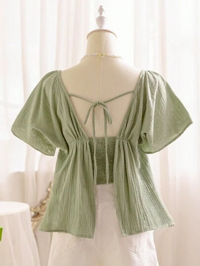 Soleia 女士夏季休闲纯色纹理褶皱短袖衬衫、短袖上衣