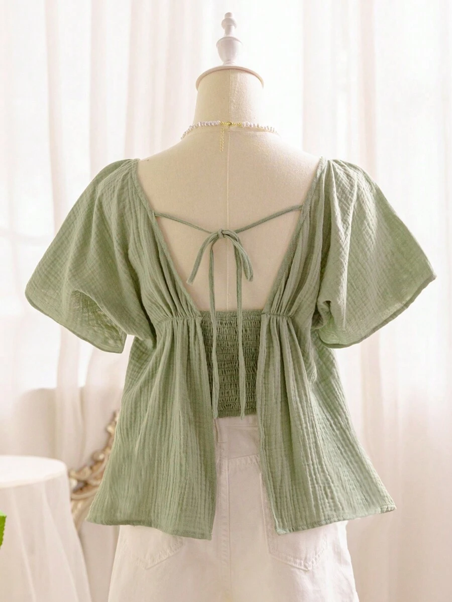 Soleia 女士夏季休闲纯色纹理褶皱短袖衬衫、短袖上衣