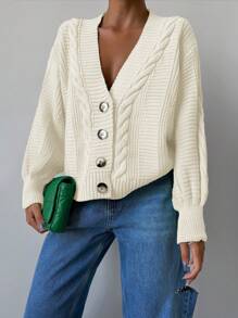 EURMUSE Solid Drop Shoulder Cable Knit Cardigan - Beige - View 4