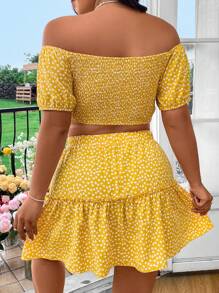 SHEIN Unity Plus Ditsy Floral Print Off Shoulder Knot Front Crop Top & Ruffle Hem Skirt - Multicolor - View 3
