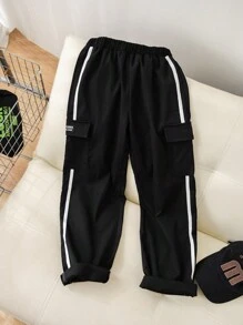 SHEIN Cậu bé Tween Lỏng lẻo Thể thao Dệt hoa Chữ cái Camo Quần Cargo - màu đen - Xem 8