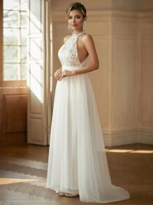 Halter Neck Contrast Sequin Mesh Wedding Dress - White - View 3