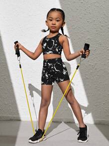 SHEIN Young Girl Simple Printed Top And Shorts Set, School, Campus, College