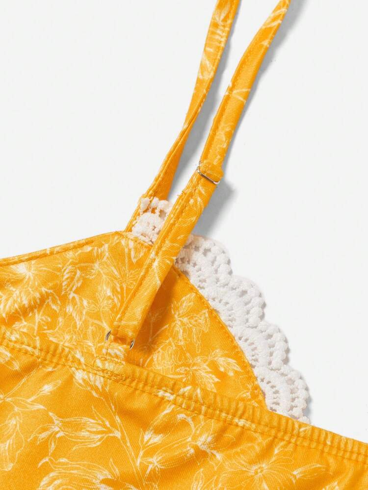 Women's Summer Holiday Floral Print Contrast Lace Front Tie Split Hem Cami Cami Top