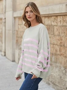 EURMUSE Women's Round Neck Drop Shoulder Color Block Striped Sweater - Pink - View 3