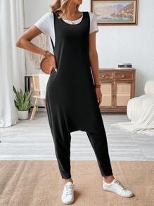 SHEIN أوفرول نسائي بلا أكمام واسع الساقين ولون سادة للصيف - الأسود - مشاهدة 8